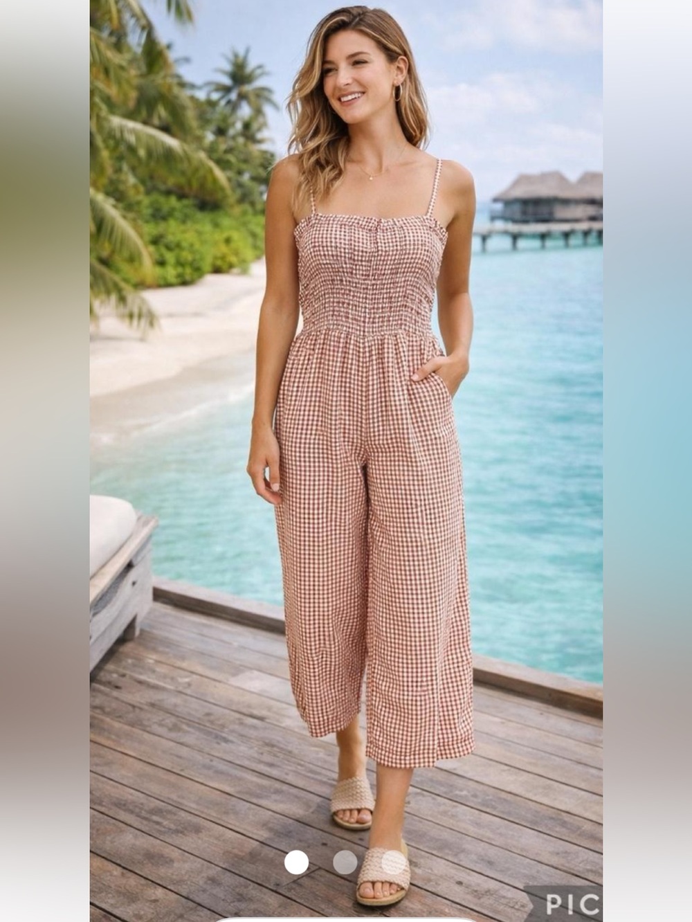 House of Harlow 1960 jumpsuit linen mix gingham fits S/M taupe/cream
